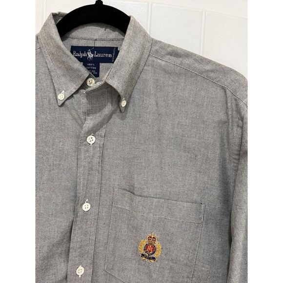 VTG Ralph Lauren Gray Button Shirt Sz 10 Crest Embroidered Patch Old Money Rare - Picture 1 of 11